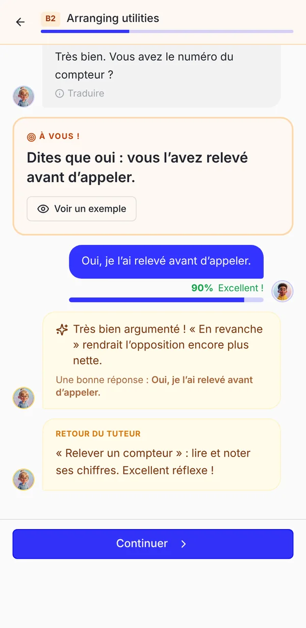 A B2 guided conversation in French, with a Translate button