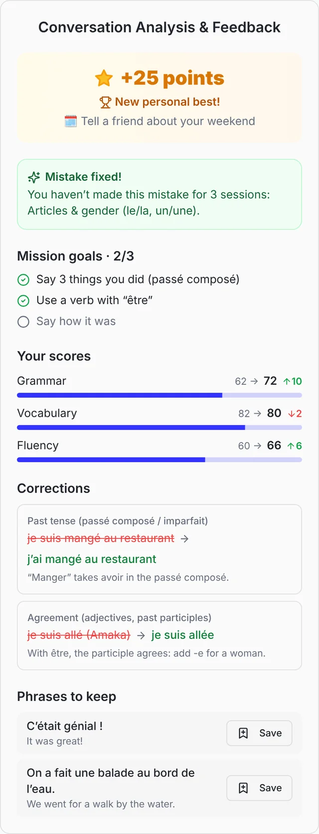 A session recap: points, mistake fixed, mission goals, scores and corrections